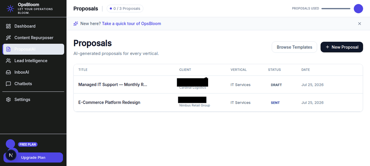 ProposalAI proposal list showing draft and sent status, client companies, and service verticals